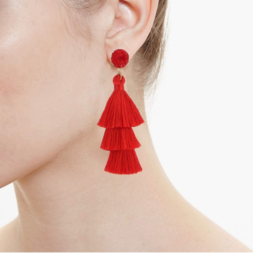 Boho Chic Red Tiered Drop Tassel Earrings NWT